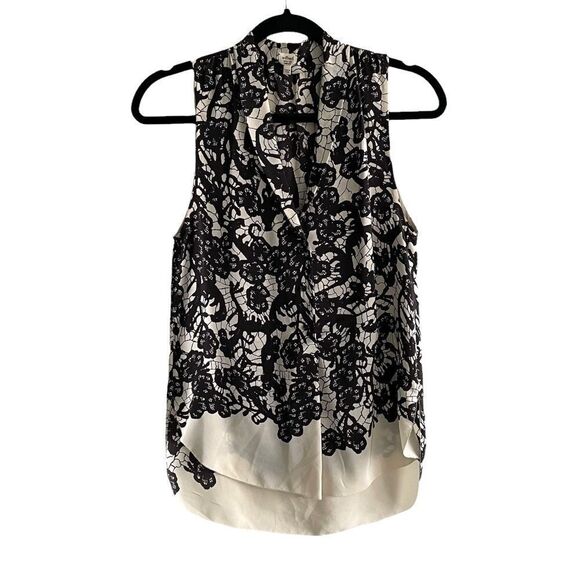 ARITZIA Silk Sleeveless Button Front Blouse Black Cream Print XS - Picture 1 of 4